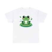 Cheerful Green Frog on a Lily Pad Unisex Heavy Cotton T-Shirt Large