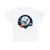 Journey Beyond the Stars with a Rocket in Front of the Moon Unisex Heavy Cotton T-Shirt Small